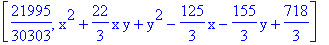[21995/30303, x^2+22/3*x*y+y^2-125/3*x-155/3*y+718/3]